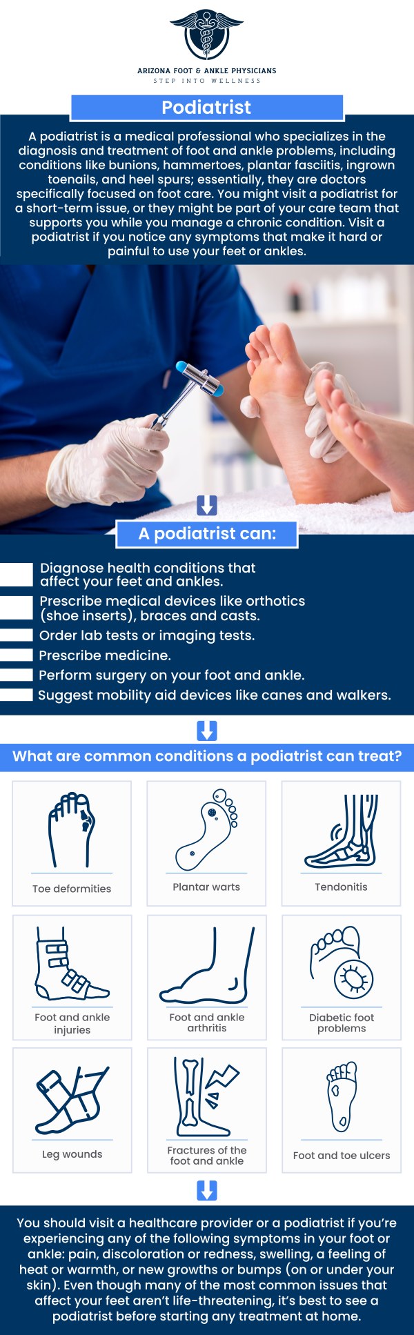 At Arizona Foot and Ankle Physicians PLLC, we primarily offer scheduled appointments to ensure you receive the best possible care for your foot and ankle health. If you're in need of a walk-in or same-day appointment, we encourage you to contact us directly to check availability. Our team will do everything we can to accommodate your needs and make the scheduling process as smooth as possible. Whether you're seeking treatment for sprains, bunions, geriatric foot care, or other foot and ankle concerns, we provide personalized consultations to help you find the best treatment plan tailored to your needs. For more information, contact us or request an appointment online. We are conveniently located at 11390 E. Via Linda, Ste 102, Scottsdale, AZ 85259.